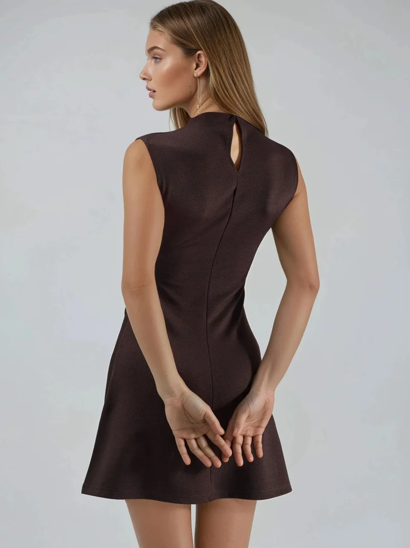 Busem Coffee Brown BUSEM Mini Dress with Stand Collar and Pocket Detail for Women | Best Price UAE